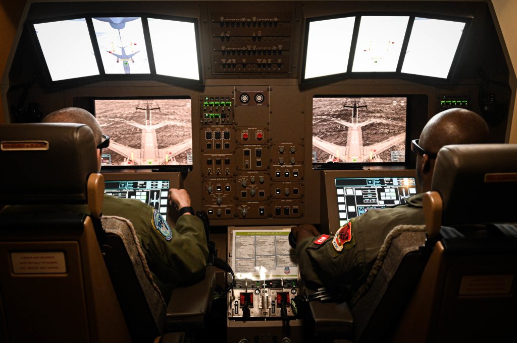 U.S. Air Force boom operator crew training on the aerial refueling operator station (AROS) of a KC-46A Pegasus. Credit: USAF